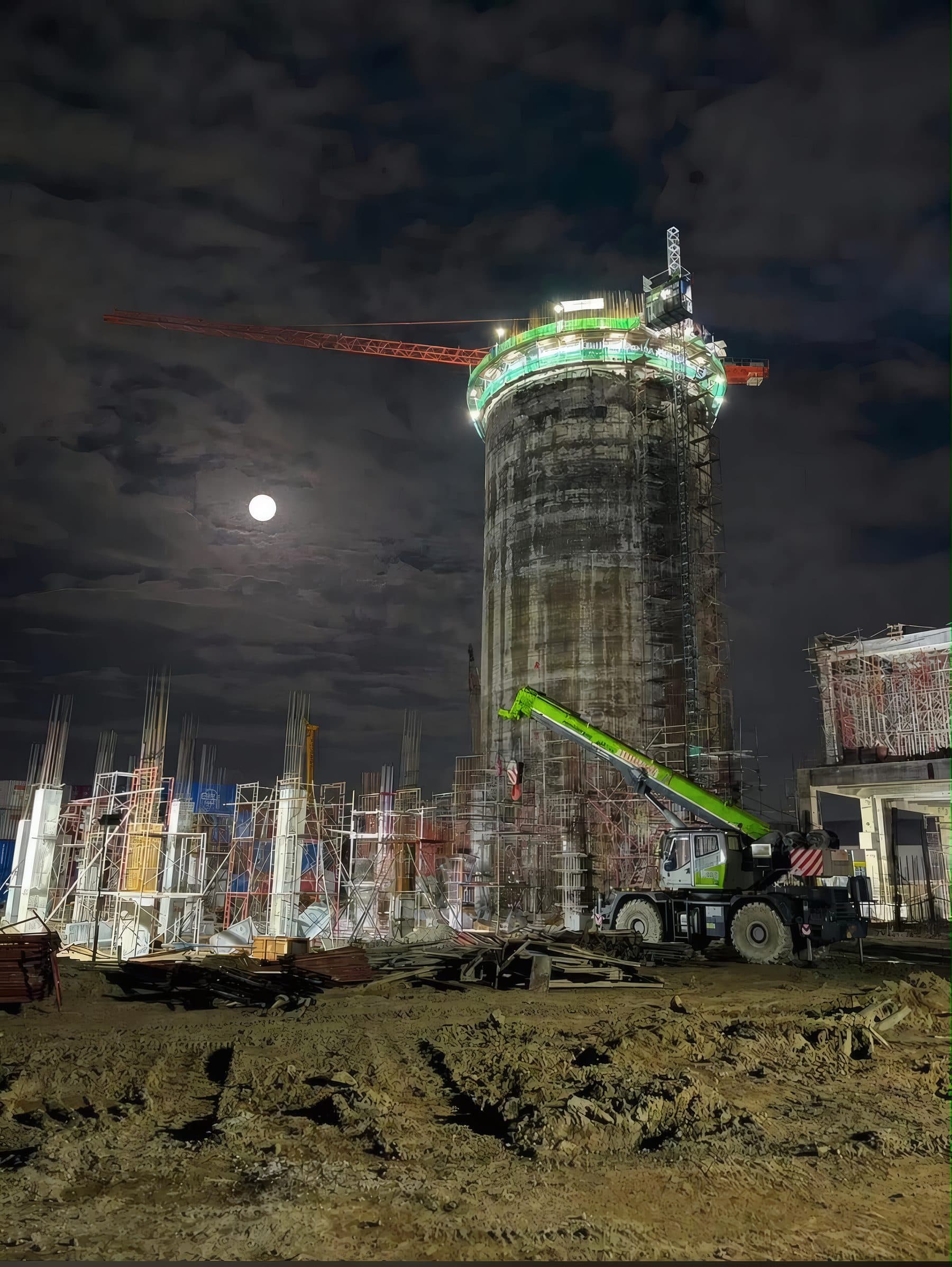 Night work on the silo under a full moon