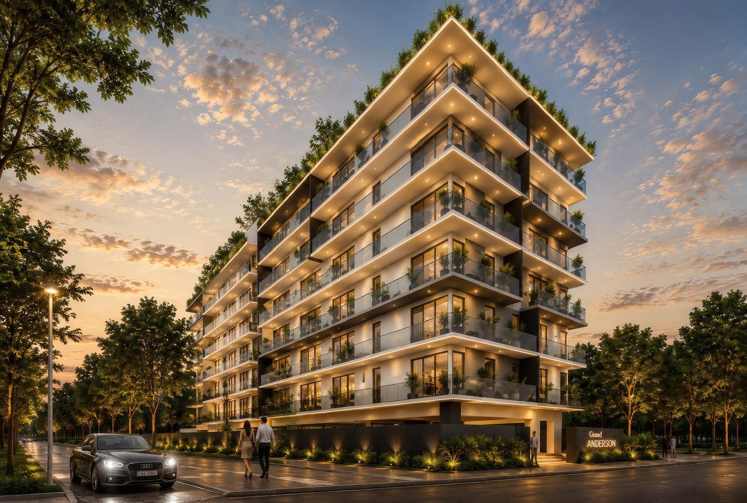 Render of Grand Anderson Residency at dusk