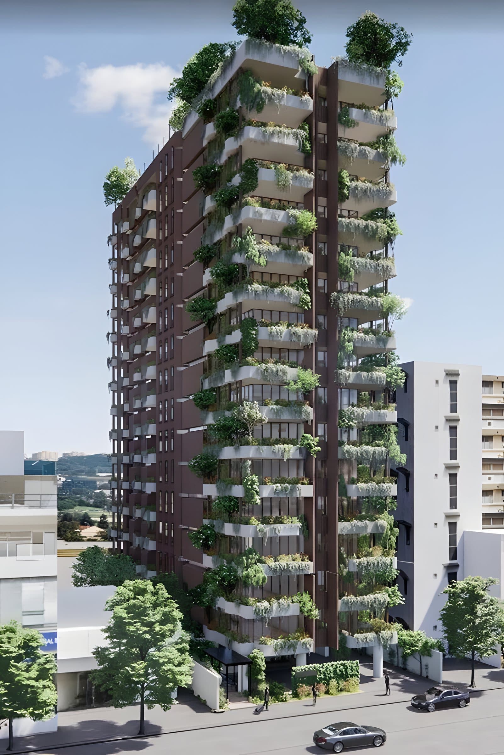 Render of the Skyhaus residential tower with planted balconies