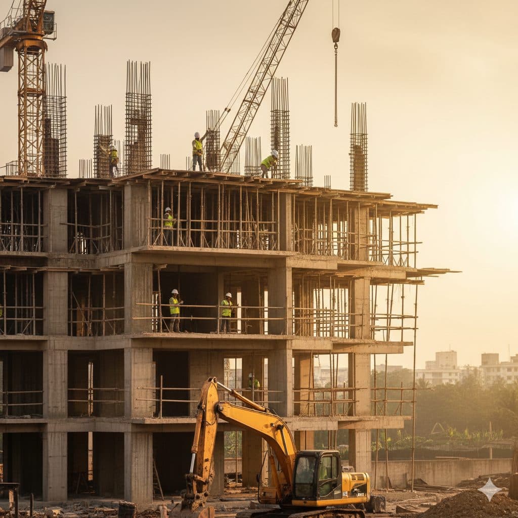 A tower crane over a rising frame in the city