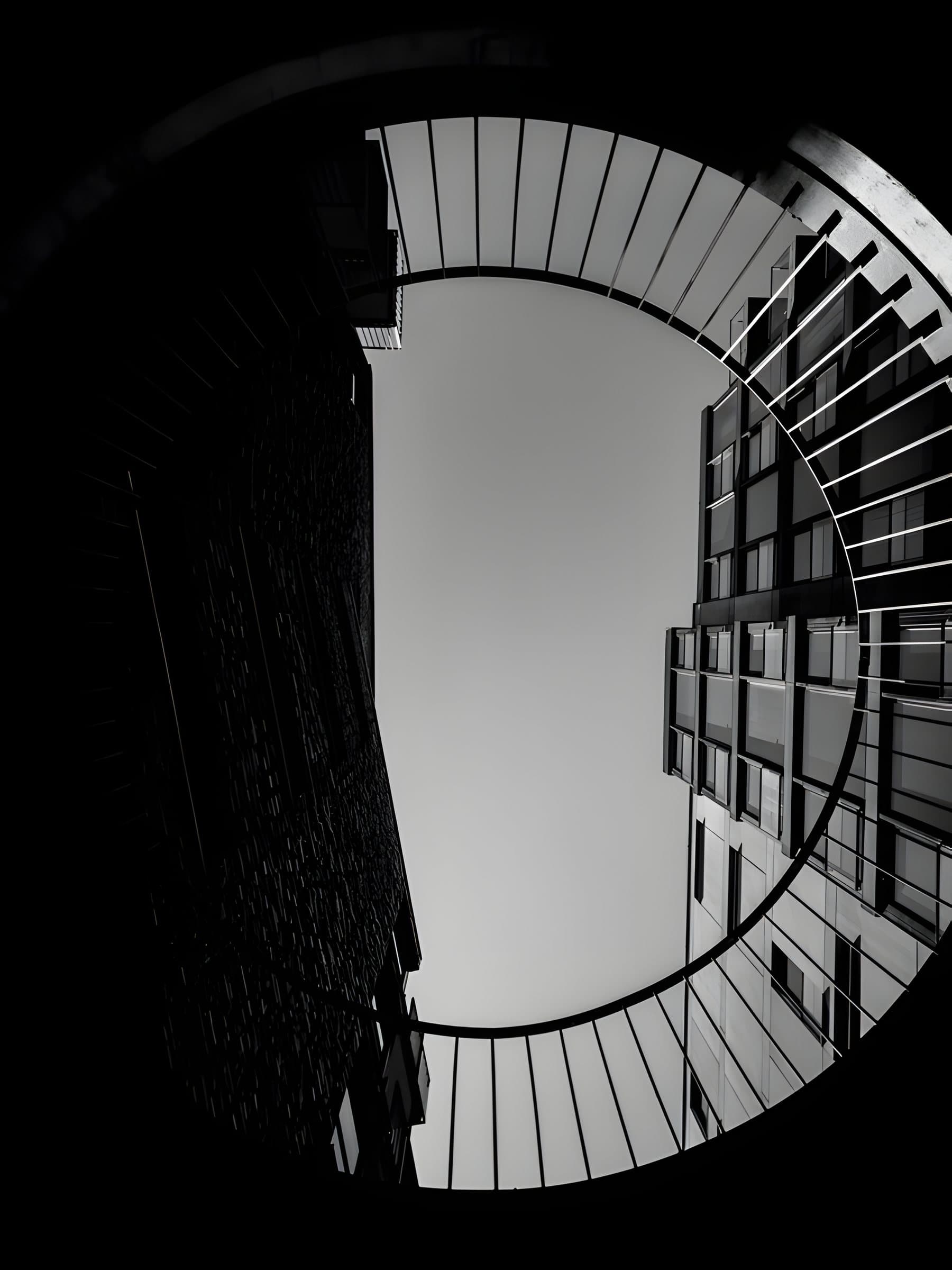 A spiral stair seen from below