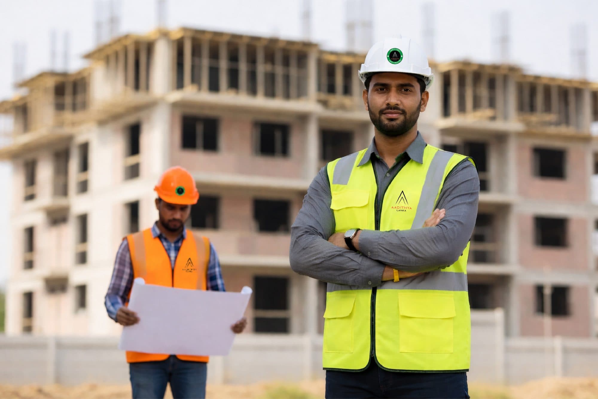 Engineers reviewing drawings on site